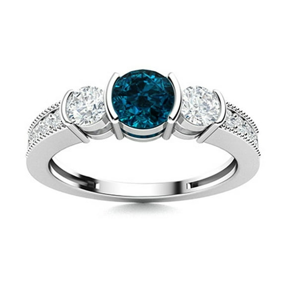 Semi Bezel Set 4MM Round London Blue Topaz 925 Sterling Silver Three Stone Women Ring