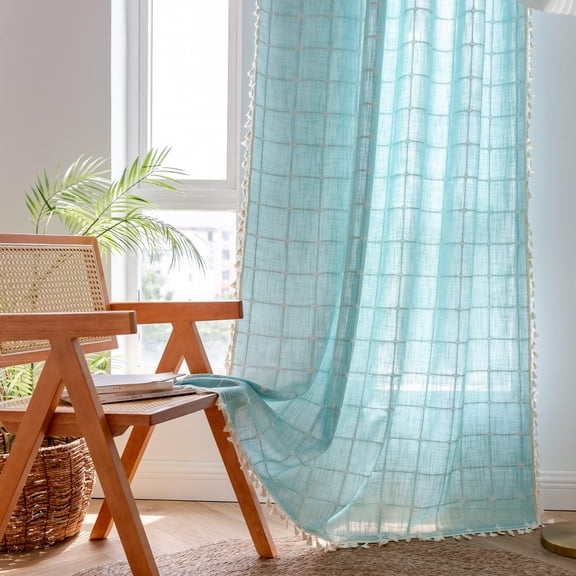 Semi Blackout Plaids Linen Window Drape, Aqua Blue Plaids, 52"W x 63"L (Pack of 1)