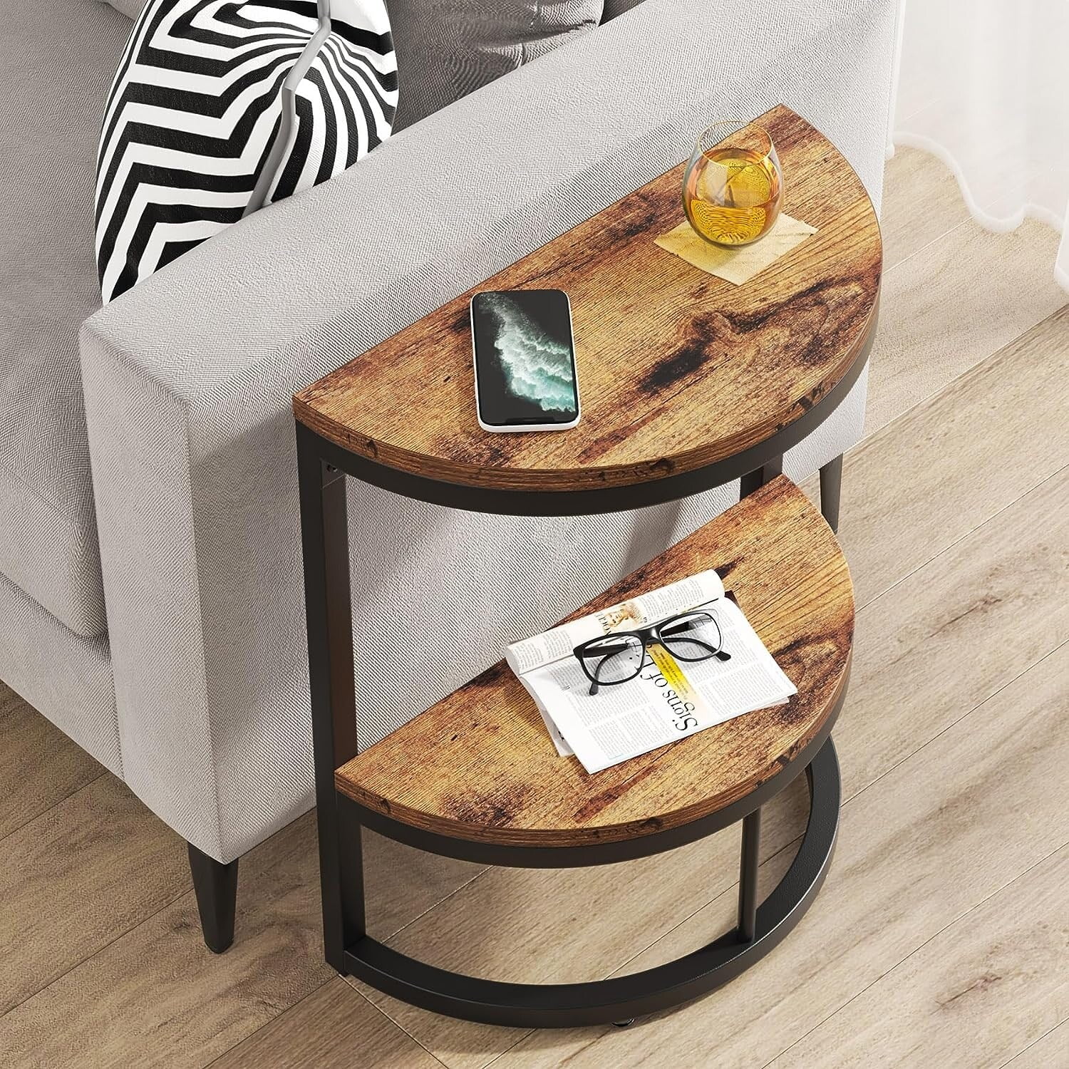 Semi Circle End Table Small Half Round Side Tables 1pcs Brown2 Tiers