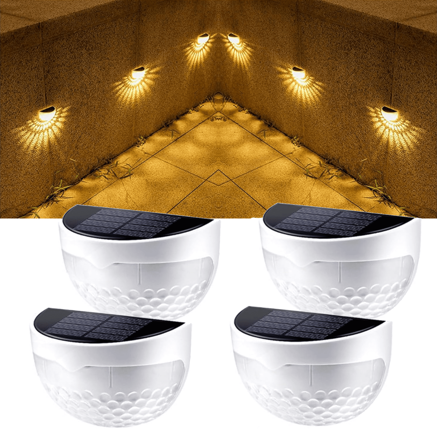 LED Fence Lights,Solar Fence Lights,Solar Deck Lights,Light and Shadow Wall Lamp,4 Pack for Wall Patio Garage Fence,White Case Warm Light 3.6x2x2.48 in