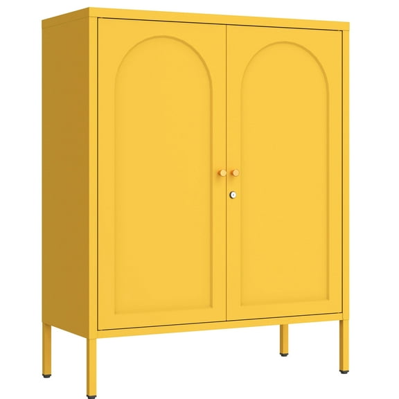 Semi-Circular Storage Cabinet Bedroom Locker Double Door Design With Doors And Shelves Metal Cabinet For Home Office Dining Room Laundry Room Living Room Yellow Sizeļ¼ 36"H X 31.5"W X 13.8"D