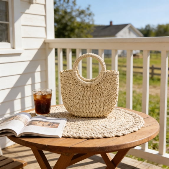 Semi-Circular Straw Tote Bag, Summer Beach Bag, Handmade Straw Rattan Woven Handbag, For Women Travel