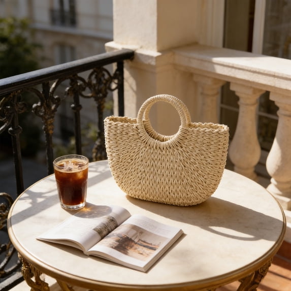 Semi-Circular Straw Tote Bag, Summer Beach Bag, Handmade Straw Rattan Woven Handbag, For Women Travel