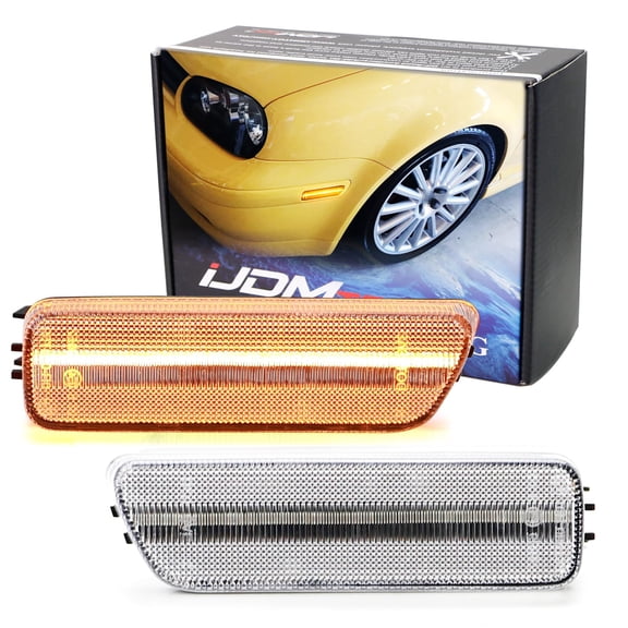 Semi-Clear Lens Amber Full LED Bumper Side Marker Light Kit For Volkswagen: 1999-2005 MK4 Golf GTI R32 Rabbit Jetta, Powered by 40-SMD LED, Replace OEM Amber Sidemarker Lamps