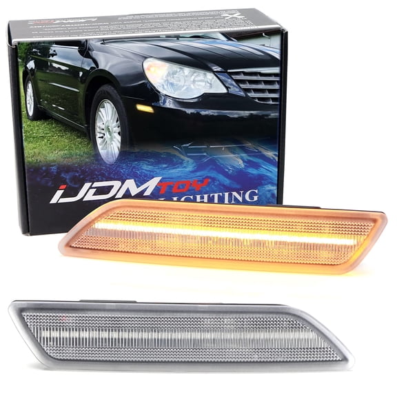 Semi-Clear Lens Amber Full LED Strip Bumper Reflector Replace Side Marker Light Kit For 2007-2010 Chrysler Sebring, Replace OEM Bulb-Less Amber Front Reflectors