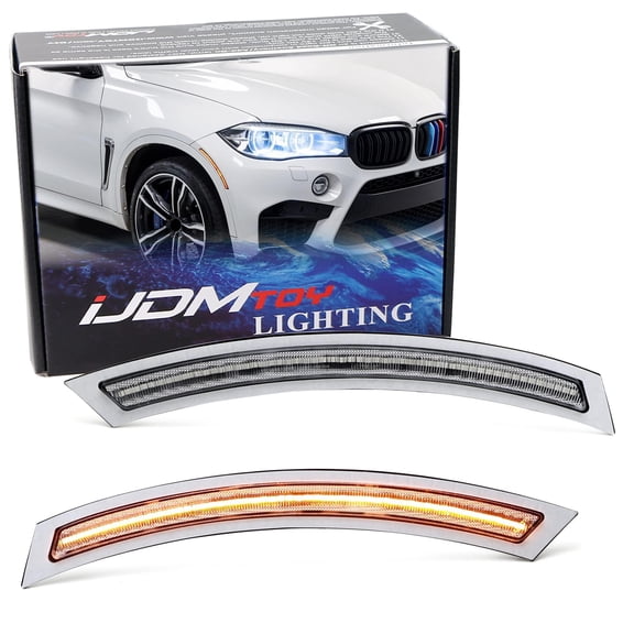 Semi-Clear Lens Amber Full LED Strip Bumper Reflector Replace Side Marker Light Kit For 2014-19 BMW F15 X5, Replace OEM Amber Front Reflectors
