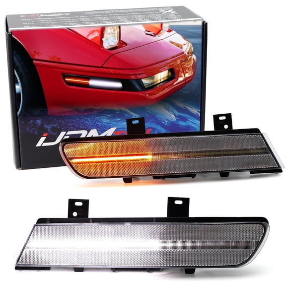 Semi-Clear Lens Amber Sequential Blink/White Full LED Parking Side Marker Lamp Kit For Chevrolet 1991-1996 C4 Corvette, Replace OEM Glass Front Sidemarkers