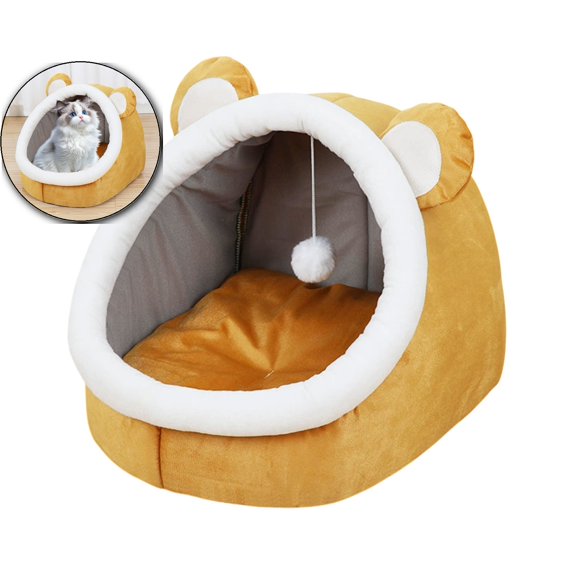 Semi-Closed Cat House Dog Bed with Removable Washable Mat, Fleece Pet Kennel for Winter, 45x40x35cm