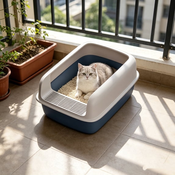 Semi-Closed High Sided Cat Litter Box, Detachable Scatter Guard, Anti-Splashing Sturdy Kitty Litter Pan, with Spoon Filter for Odor Control, Easy Clean Litter Box