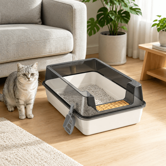 Semi Covered Litter Box, Top Entry Cat Waste Pan with Tall Anti-Spill Side Walls, Odor Purify Filter and Convenient Litter Scoop