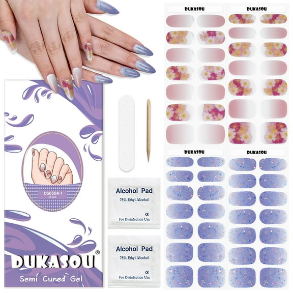 DUKASOU 56Pcs Gel Nail Polish Strips, Semi Cured Finger Gel Nail Strips, Long Lasting Salon Full Nail Wraps, UV Nail Art Stickers for Adult, Purple Heart and Pink Daisy