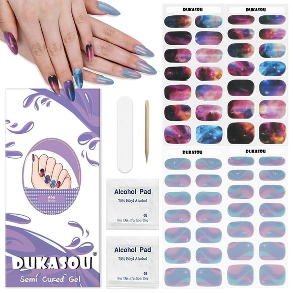 DUKASOU Semi Cured Gel Nail Strips (56PCS), Finger Gel Nail Stickers (Aurora+Cosmic Galaxy), Non-Toxic Waterproof Long Lasting Summer Nail Art Stickers