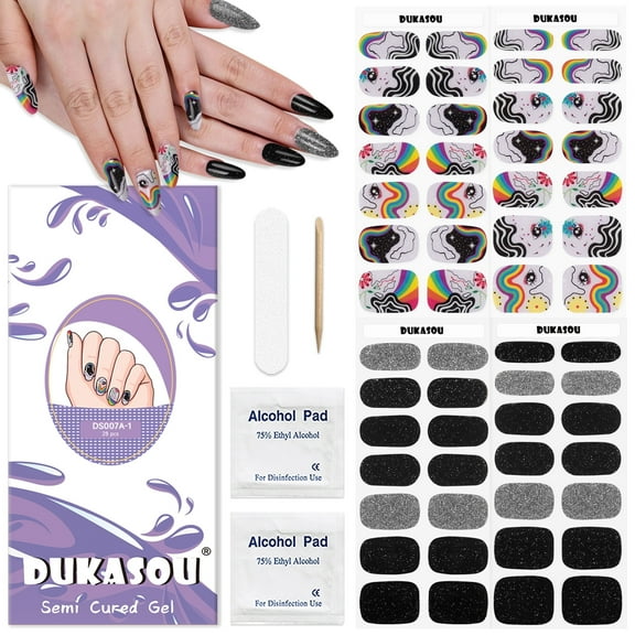 DUKASOU 56Pcs Gel Nail Polish Strips, Semi Cured Finger Gel Nail Strips, Long Lasting Salon Full Nail Wraps, UV Nail Art Stickers for Adult, Glitter Silver Black