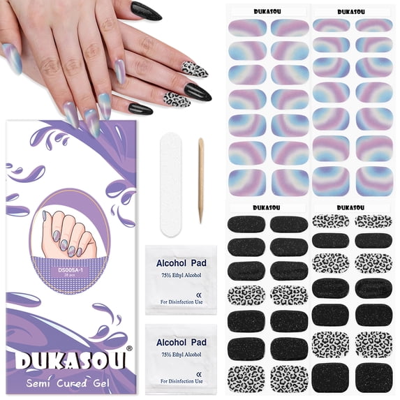DUKASOU 56Pcs Gel Nail Polish Strips, Semi Cured Finger Gel Nail Strips, Long Lasting Salon Full Nail Wraps, UV Nail Art Stickers for Adult, Glitter Leopard Print and Pink Blue
