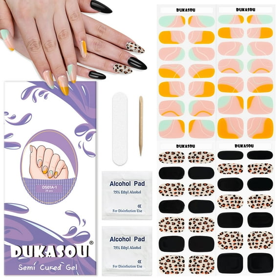 DUKASOU 56Pcs Gel Nail Polish Strips, Semi Cured Finger Gel Nail Strips, Long Lasting Salon Full Nail Wraps, UV Nail Art Stickers for Adult, Leopard Print and Colorful Lines
