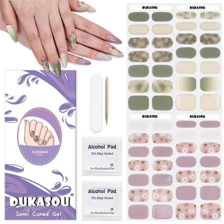DUKASOU Semi Cured Gel Nail Strips (56PCS), Finger Gel Nail Stickers (Purple Flower+Green Flower), Non-Toxic Waterproof Long Lasting Summer Nail Art Stickers