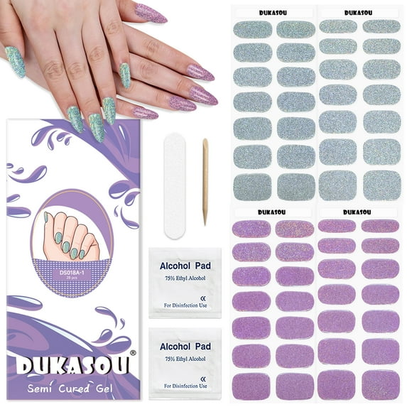 DUKASOU 56Pcs Gel Nail Polish Strips, Semi Cured Finger Gel Nail Strips, Long Lasting Salon Full Nail Wraps, UV Nail Art Stickers for Adult, Gradient Glitter Silver and Pink