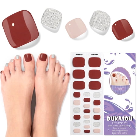 DUKASOU Toenail Stickers-Semi Cured Gel Toenail Strips-Brick Red, Long Lasting DIY Salon Nail Art Stickers Kit for Adults, 26 Count