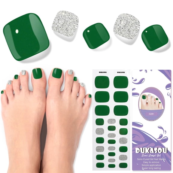 DUKASOU Toenail Stickers-Semi Cured Gel Toenail Strips-Forest Green, Long Lasting DIY Salon Nail Art Stickers Kit for Adults, 26 Count