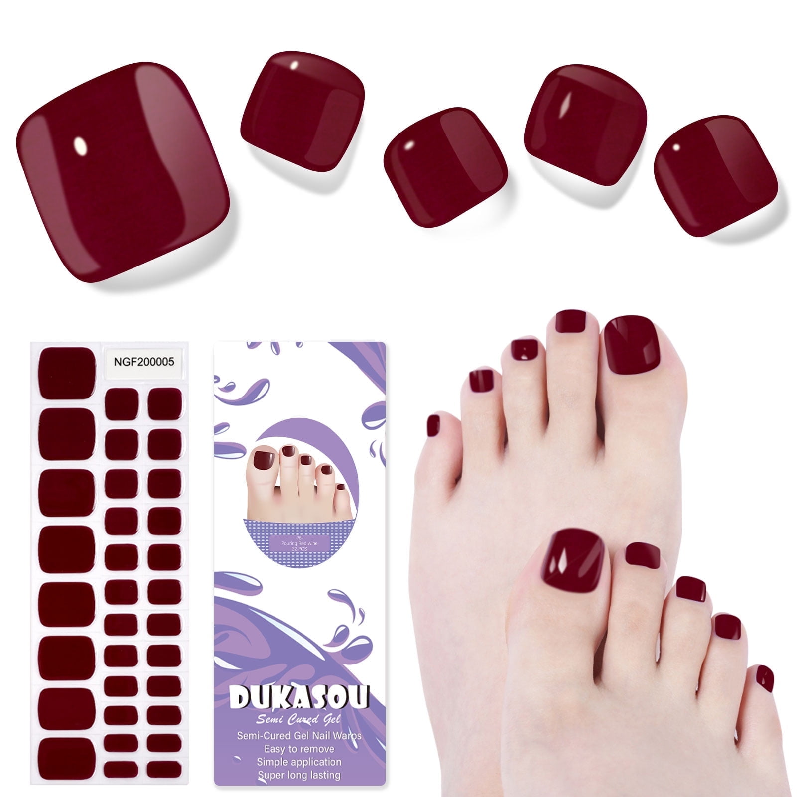DUKASOU Nail Strips-Semi Cured Gel Toenail Strips (32Pcs), Salon DIY Solid Color Toenail Stickers, Long Lasting Nail Art Stickers Kit for Adults, Pouring Red Wine