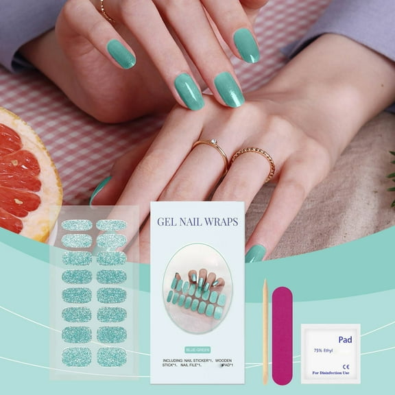 Semi Cured Gel Nail Strips (Metallic Laser Blue) - Need UV Light | Glitter & Glossy | Easy to Apply | Salon Design | Long Lasting - Include Prep Pads, Nail File & Wooden Stick