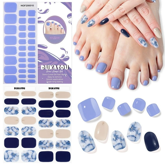 DUKASOU 60Pcs Semi Cured Gel Nail Strips, DIY Finger and Toenail Stickers Nail Polish Strips, Long Lasting Salon Quality Dark Blue Marble Nail Art Stickers for Adults