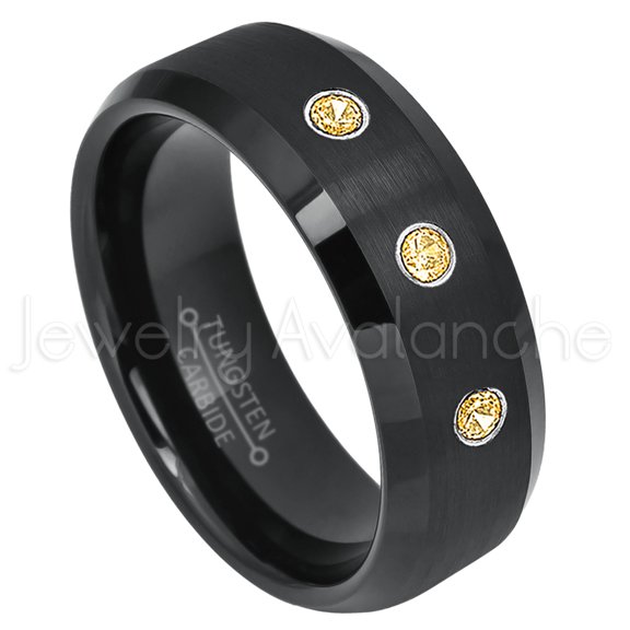 Semi-Dome Black Tungsten Ring - 0.21ctw Citrine 3-stone Band - Personalized Tungsten Wedding Ring - Custom Made November Birthstone Ring TN697BS