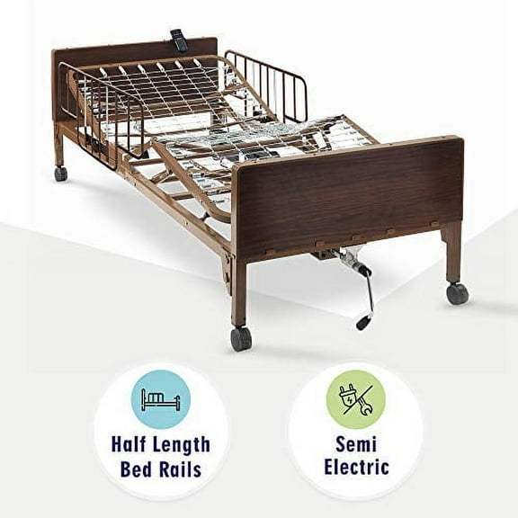 Semi Electric Hospital Bed with Half Rails Included - for Home Care Use and Medical Facilities - Fully Adjustable, Easy Transport Casters, Remote - 80" x 36" - No Mattress