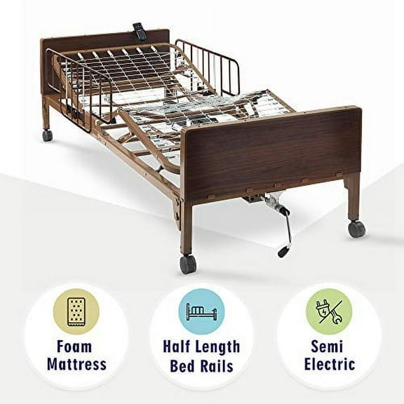 Semi Electric Hospital Bed with Premium Foam Mattress and Half Rails Included - for Home Care Use and Medical Facilities - Fully Adjustable, Easy Transport Casters, Remote - 80" x 36"