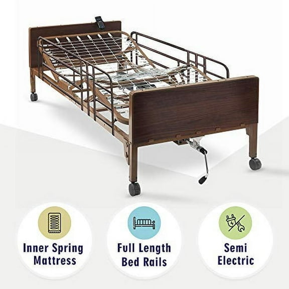 Semi Electric Hospital Bed with innerspring Mattress and Full Rails Included - for Home Care Use and Medical Facilities - Fully Adjustable, Easy Transport Casters, Remote - 80" x 36"