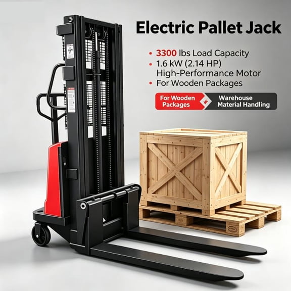 Semi-Electric Lift Stacker 3300 lbs Load, 94.8 in Lifting Height, Ergonomic Handle Wide Forks, Battery Material Handling Truck for Warehouse Retail Workshop
