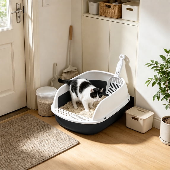 Semi-Enclosed Anti-Splash Cat Litter Box with Sifting Scoop, Stain-Resistant High Wall Litter Pan for Kittens and Shy Cats, 15.35 x 12.60 x 6.69 inch