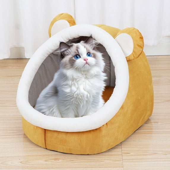 Semi-Enclosed Cat Bed House, 30x40cm Hooded Warm Fleece Pet Kennel with Removable Washable Cover for Cats & Small Dogs Yellow