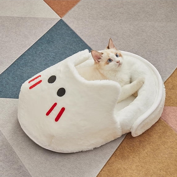 Semi-Enclosed Cat Bed-Warm Plush Cave Sleeping Bag for Winter, Medium Size