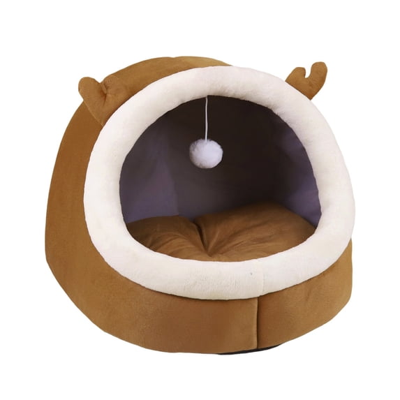 Semi Enclosed Cat Dog Cave Bed - Soft Comfortable Pet Bed with Plush Ball and Washable Detachable Mat, Indoor Covered Pet Bed for Kittens Puppies Small Pets Rest
