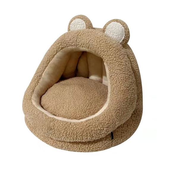 Semi Enclosed Cat House Bed, All Season Teddy Bear Pet Villa, Warm Winter Soft Cushion Nest, Small Dog Cat Sleeping Cave, 11.81x14.17x14.17 Inches