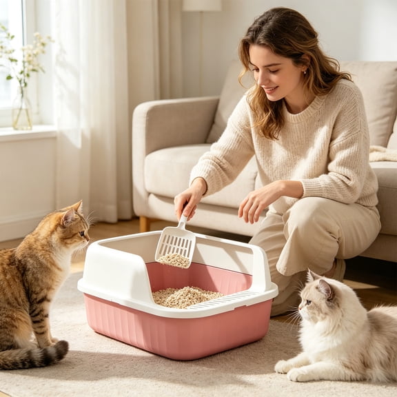 Semi Enclosed Cat Litter Box Anti-Splash Kitten Toilet High Side Spill Proof Cat Waste Pan with Litter Scoop