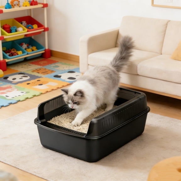 Semi-Enclosed Cat Litter Box with High Sides & Odor Control Lid, Detachable 2-Layer Design for Easy Cleaning, Large Capacity for Multi-Cat Households, Plastic Pet Toilet