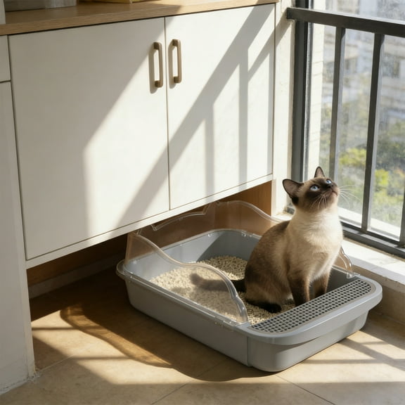 Semi-Enclosed Cat Litter Box with High Sides and Splash Guard, Durable Plastic Waste Tray with Scoop Included, Spacious Design for Large Cats and Easy Cleaning
