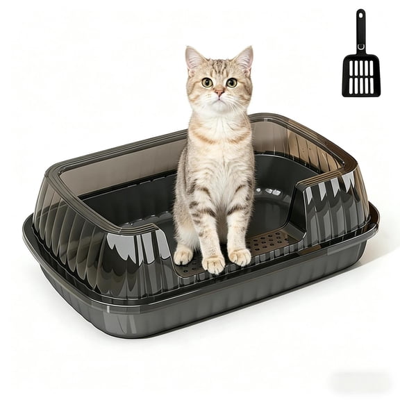 Semi-Enclosed Cat Litter Box with Lid, Medium Size Litter Pan for Small & Medium Cats, High Sides Anti-Urine Leakage, Odor Control, Easy Cleaning, Include Scoop,Dark Gray