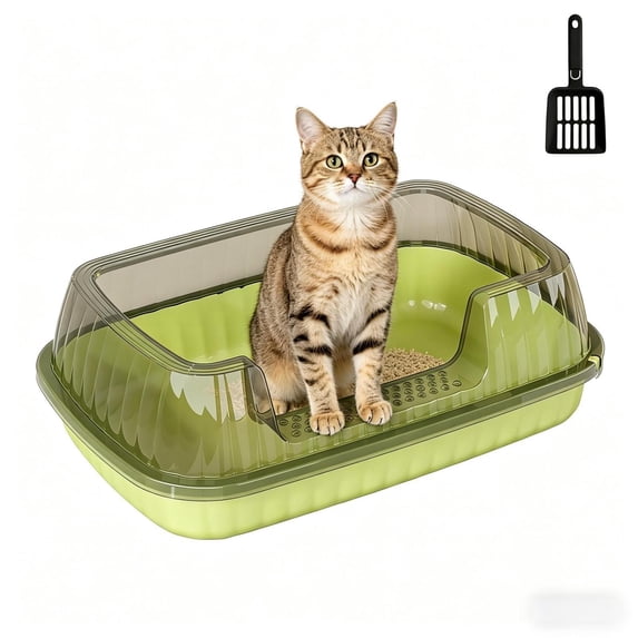 Semi-Enclosed Cat Litter Box with Lid, Medium Size Litter Pan for Small & Medium Cats, High Sides Anti-Urine Leakage, Odor Control, Easy Cleaning, Include Scoop,Green