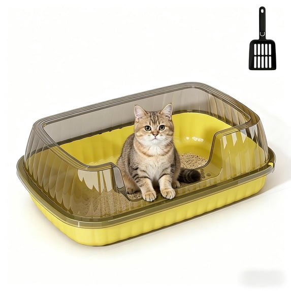 Semi-Enclosed Cat Litter Box with Lid, Medium Size Litter Pan for Small & Medium Cats, High Sides Anti-Urine Leakage, Odor Control, Easy Cleaning, Include Scoop,Yellow