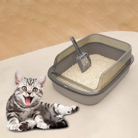 Semi-Enclosed Cat Litter Box Open Top - High Sided Kitty Litter Pan with Scoop Cat Litter & Housebreaking - Low Front Entry for Small to Large Cats, 16" x 11"(Grey)