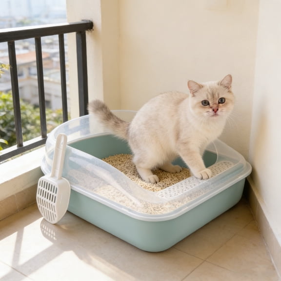 Semi Enclosed Cat Litter Box, Spatter Proof and Odor Proof Removable Pet Pan, Easy Clean Two Layer Design for Small Medium Cats, Blue, 15.75x11.81 Inch