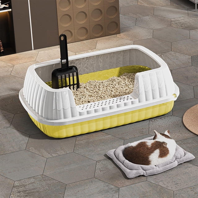 Semi Enclosed Cat Litter Box, Splash Proof High Side Toilet Basin, Sturdy Plastic Pet Pot with Shovel, Leak-proof Cleaning Tool for Kitten Daily Use, Yellow