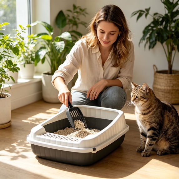 Semi-Enclosed Cat Litter Box, Splash-Proof Kitty Litter Pan with Scoop Open Top Toilet for Kittens and Adult Indoor Cats