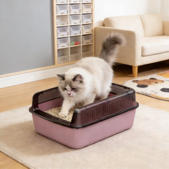Semi-Enclosed Cat Litter Box With Top Entry Lid, High Sides Odor Control, Covered Design With Scoop Filter, Large Plastic 41x31x20cm, Green/Black/Pink/Gray