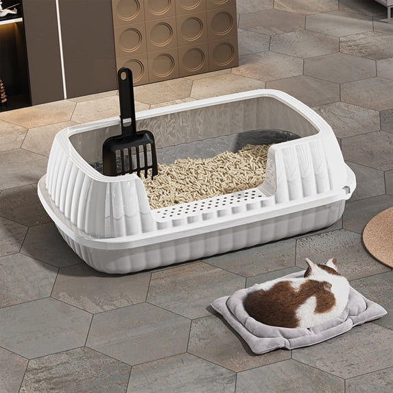 Semi Enclosed Cat Litter Box with High Sides & Splash Guard, Large Covered Litter Box Includes Scoop, Leak Proof Base & Anti-Track Litter Mat