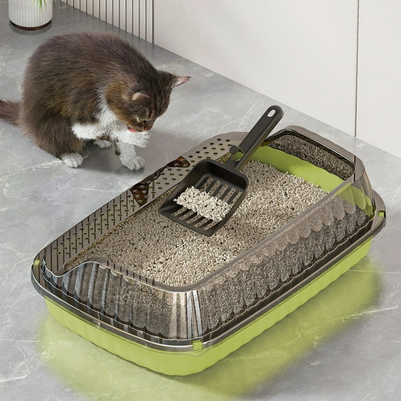 Semi-Enclosed Cat Litter Box with High Sides, Splash Proof Litter Box for Large Cats, Includes Litter Scoop and Anti-Track Mat for Home Use