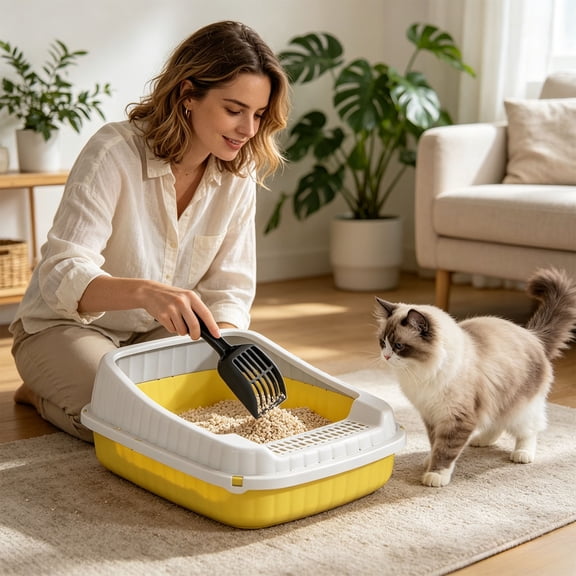 Semi-Enclosed Cat Litter Box with Low Entry, Anti-Splash Cat Toilet Pan and Scoop Set, Spacious Pet Waste Basin for Easy Cleaning